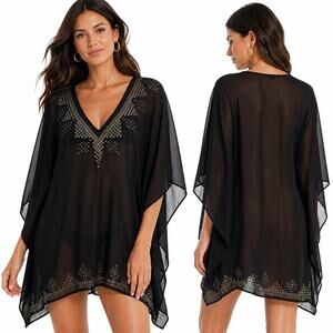 Chicos Black Sheer Caftan Tunic Beaded V Neck Cover Up Boho S/M